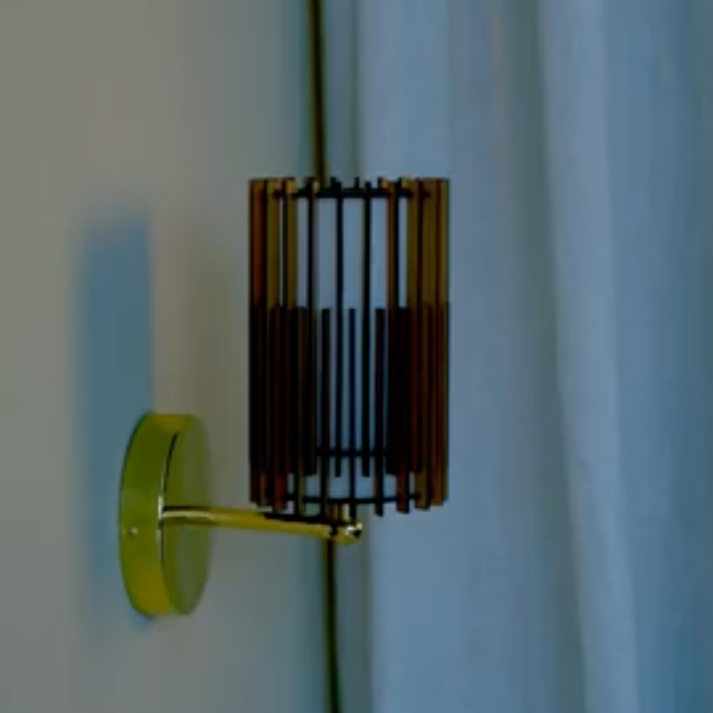 Handcrafted SUA Wall Sconce Lamp S with MDF wood slats and brass, featuring dual shades for warm light.