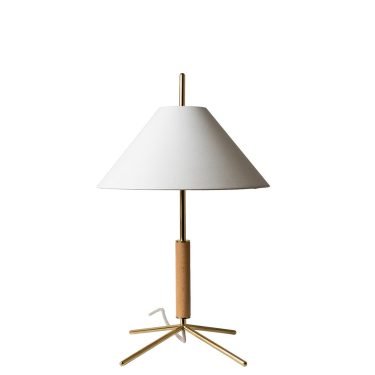 VOL Table Lamp with White Fabric Shade, Polished Brass Base, and Beech Wood