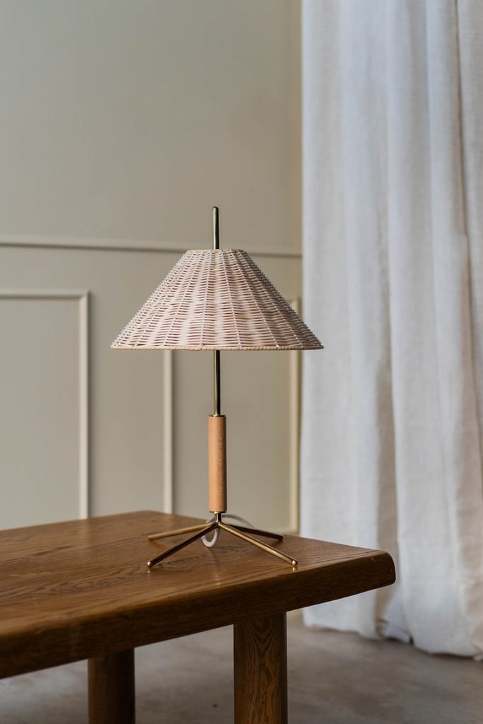 VOL Table Lamp with Natural Rattan Shade, Polished Brass Base, and Beech Wood