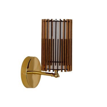 Handcrafted SUA Wall Sconce Lamp S with MDF wood slats and brass, featuring dual shades for warm light.