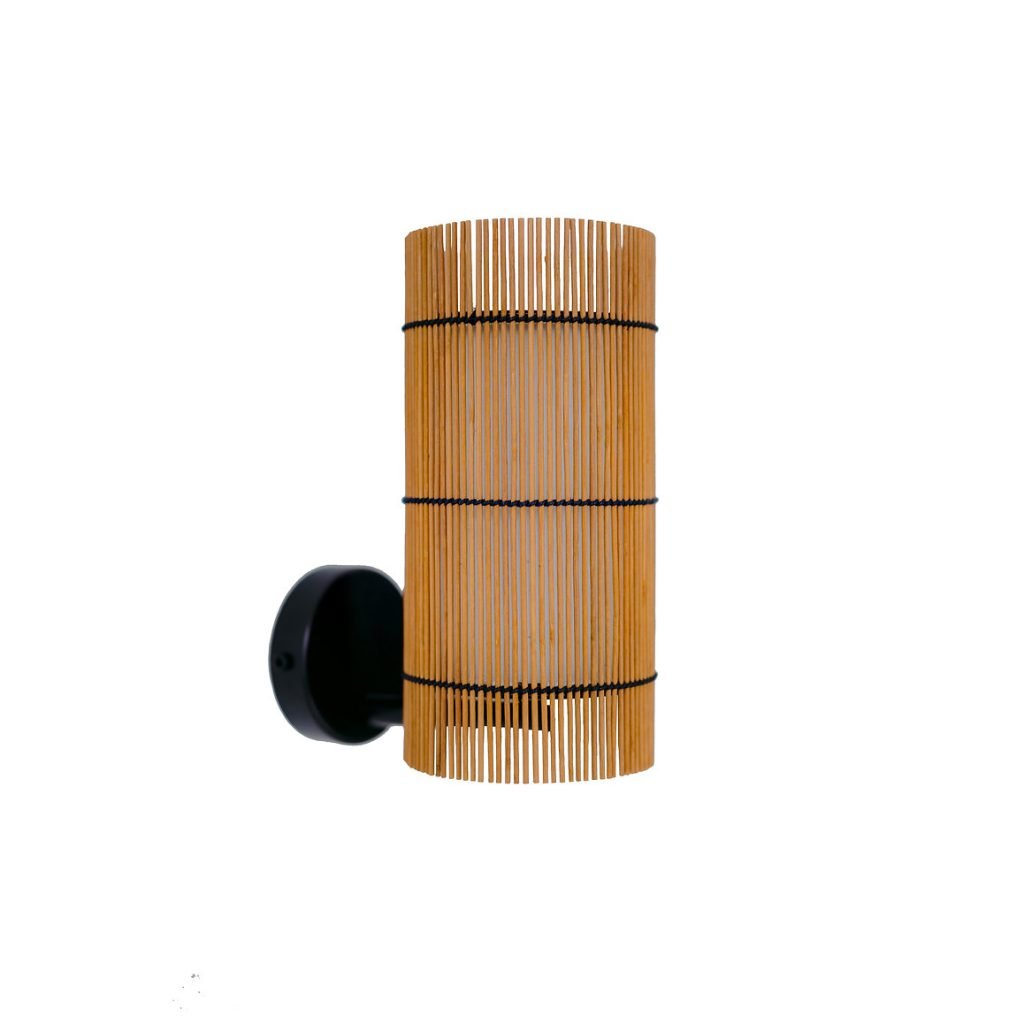 Handmade FOC Wall Lamp in cherry bamboo with black thread, featuring a white interior shade for warm light.