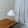 VOL Table Lamp with White Fabric Shade, Polished Brass Base, and Beech Wood