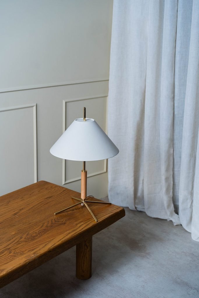 VOL Table Lamp with White Fabric Shade, Polished Brass Base, and Beech Wood