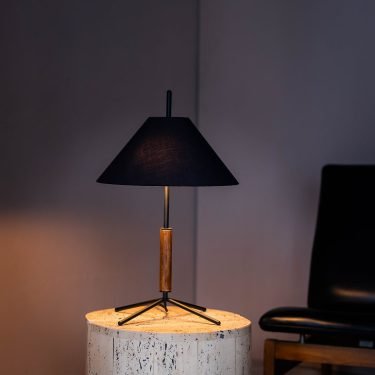 VOL Table Lamp with Black Fabric Shade, Walnut Wood Base, and Black Metal