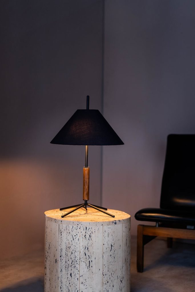 VOL Table Lamp with Black Fabric Shade, Walnut Wood Base, and Black Metal