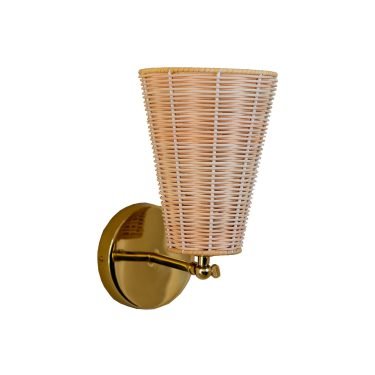 Handcrafted Costa Wall Lamp Cone Rattan/Brass with a natural rattan cone shade and brass accents.