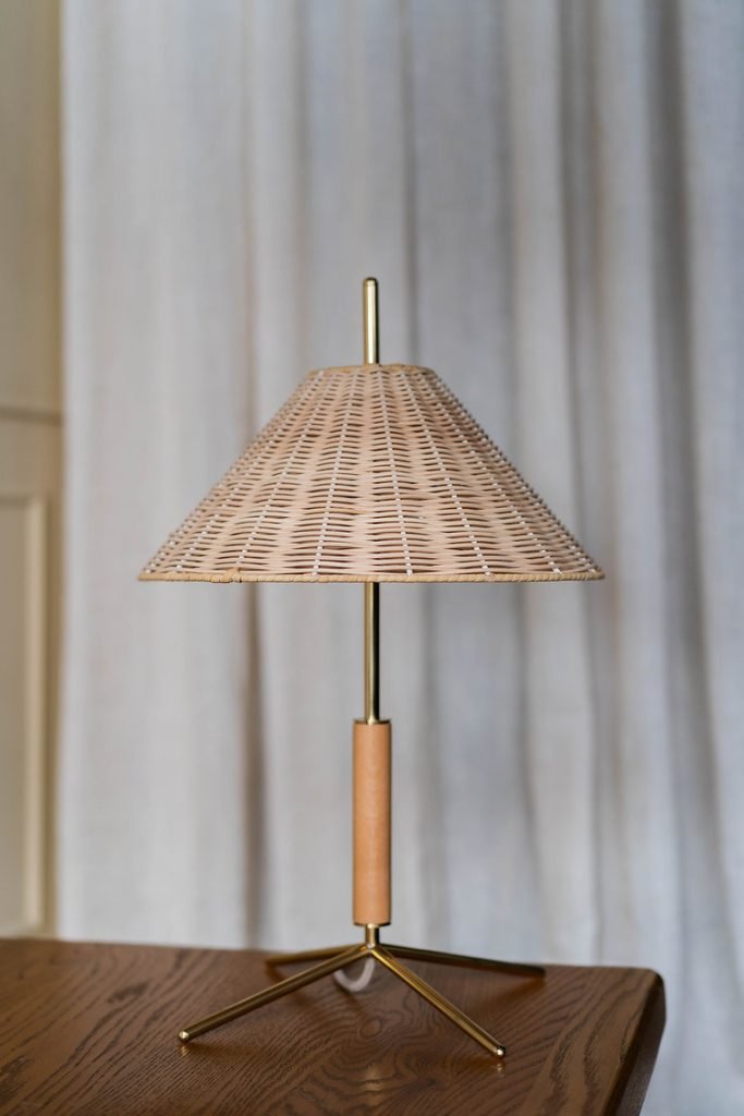 VOL Table Lamp with Natural Rattan Shade, Polished Brass Base, and Beech Wood