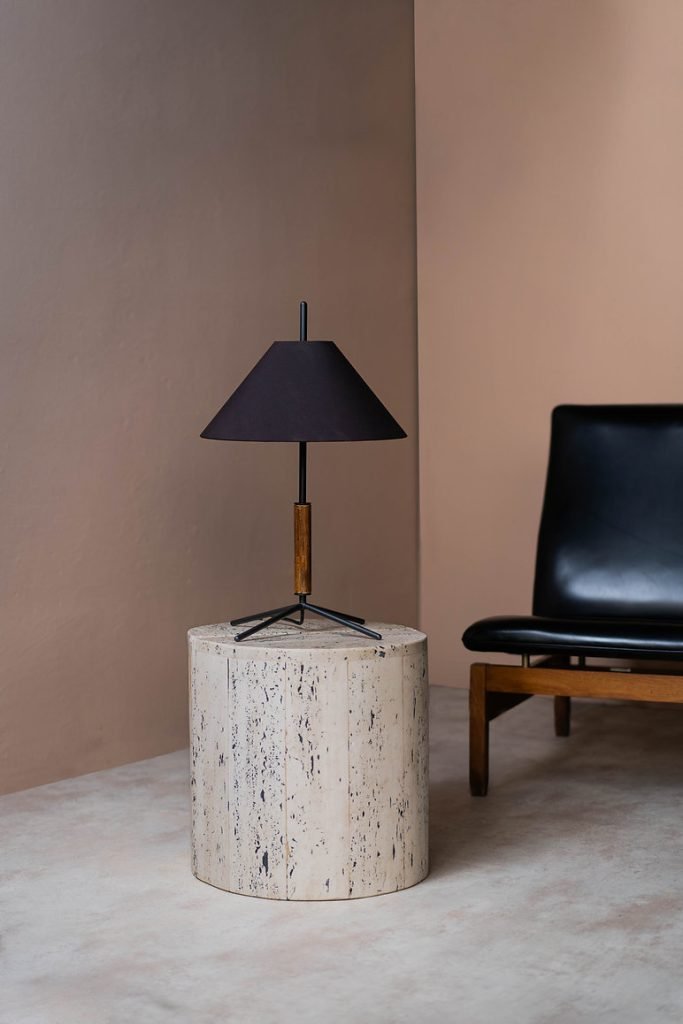 VOL Table Lamp with Black Fabric Shade, Walnut Wood Base, and Black Metal