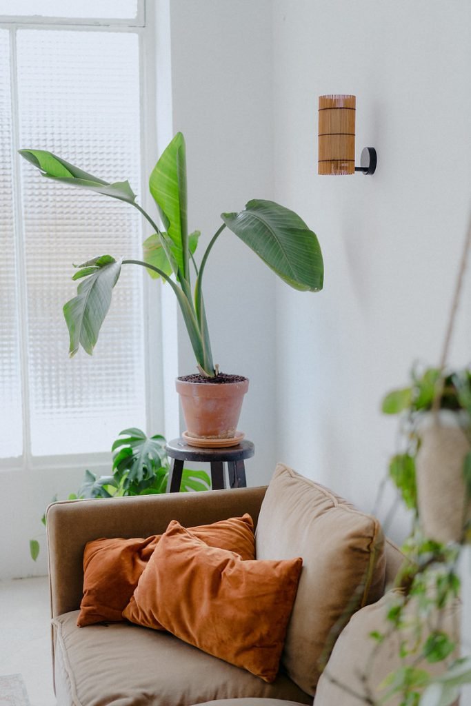 Handmade FOC Wall Lamp in cherry bamboo with black thread, featuring a white interior shade for warm light.