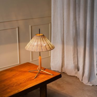 VOL Table Lamp with Natural Rattan Shade, Polished Brass Base, and Beech Wood