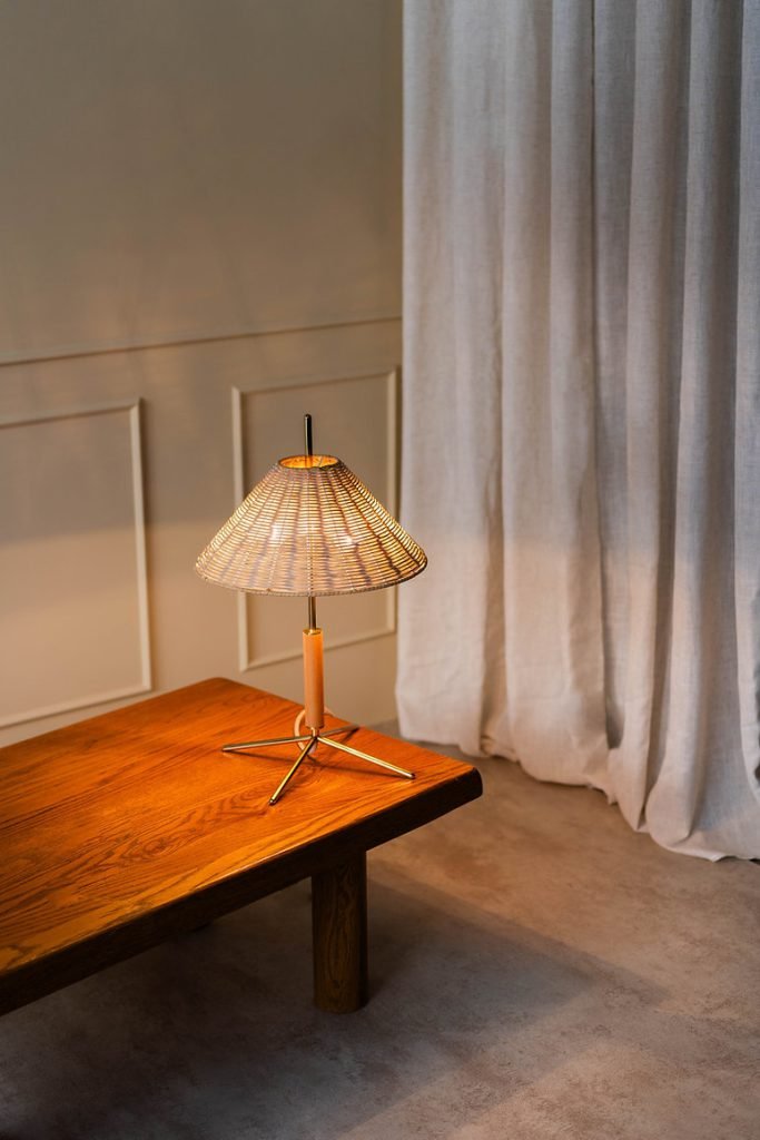 VOL Table Lamp with Natural Rattan Shade, Polished Brass Base, and Beech Wood