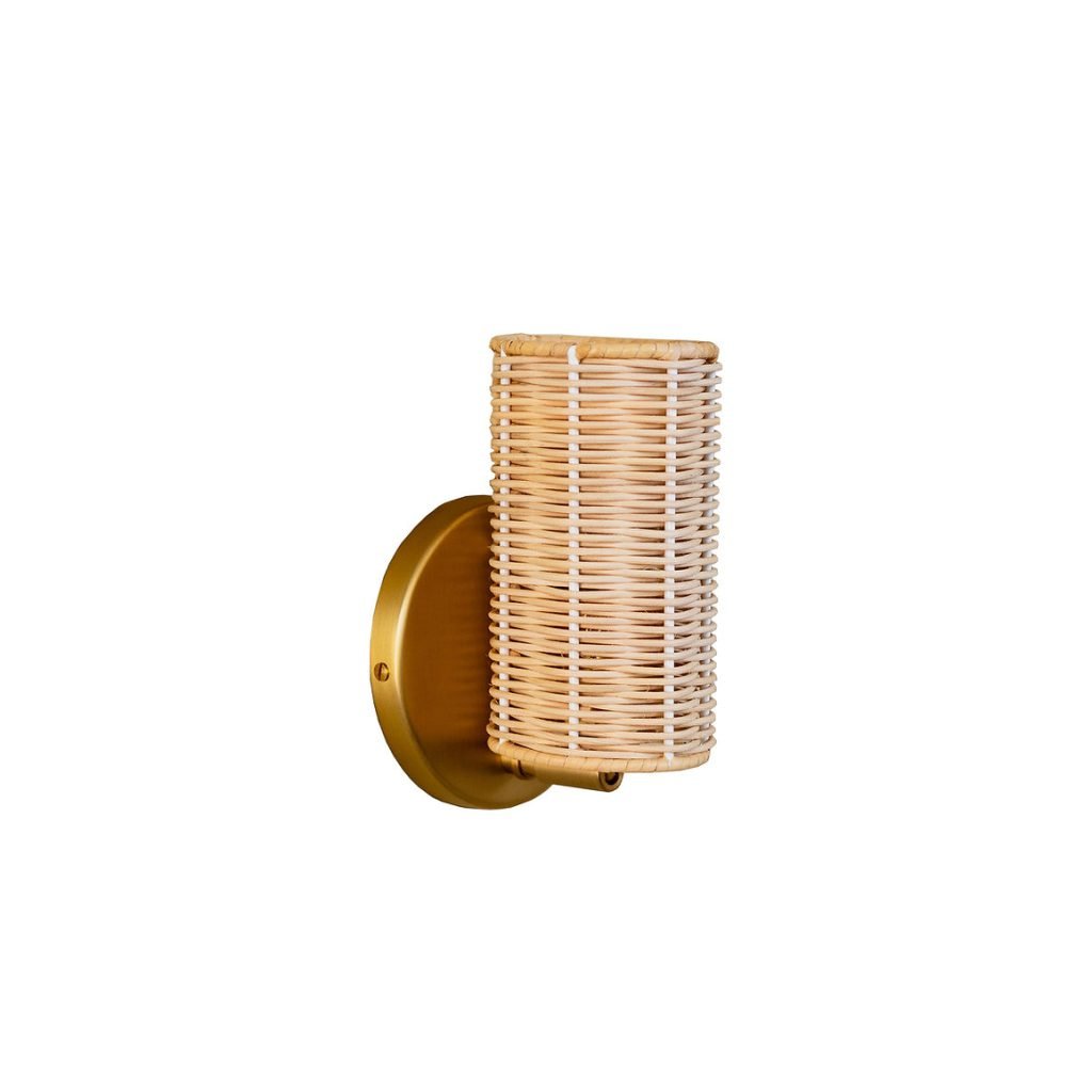 Handcrafted Costa Wall Lamp Mini Rattan Brass with natural rattan cylindrical shade.