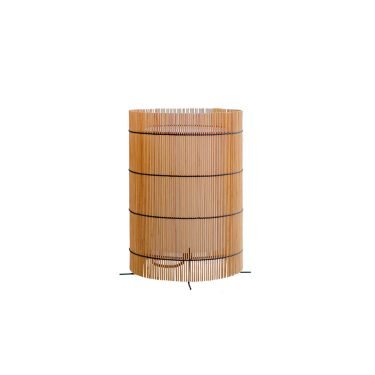 Foc Table Lamp with cherry-colored bamboo shade and black metal feet.