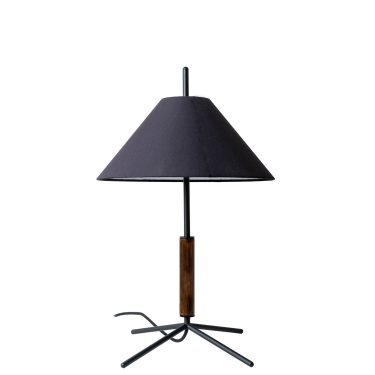 VOL Table Lamp with Black Fabric Shade, Walnut Wood Base, and Black Metal