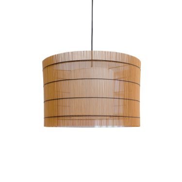 Handmade FOC Suspended Lamp XL in cherry bamboo with black thread, featuring a white inner shade for ambient lighting.