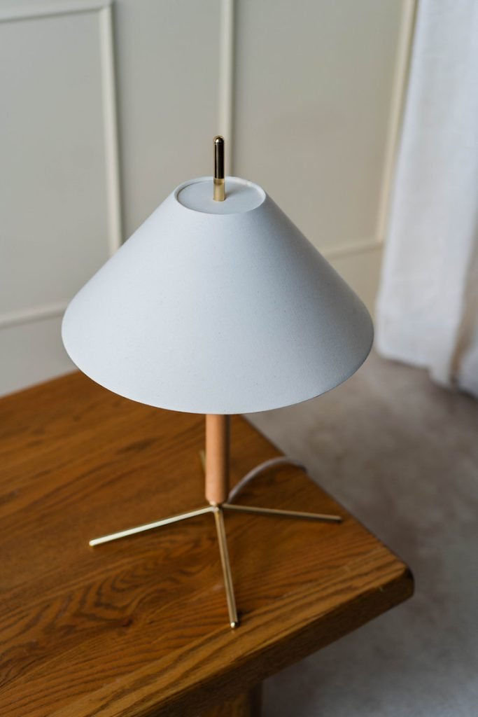 VOL Table Lamp with White Fabric Shade, Polished Brass Base, and Beech Wood