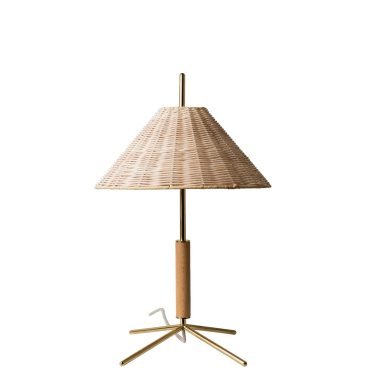 VOL Table Lamp with Natural Rattan Shade, Polished Brass Base, and Beech Wood